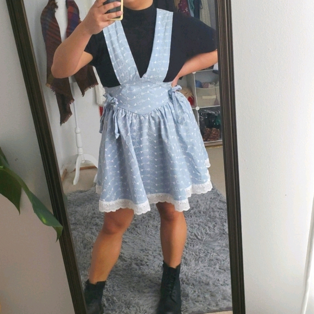 VINTAGE GIRLS Chambray Deep V Eyelet Overall Dress